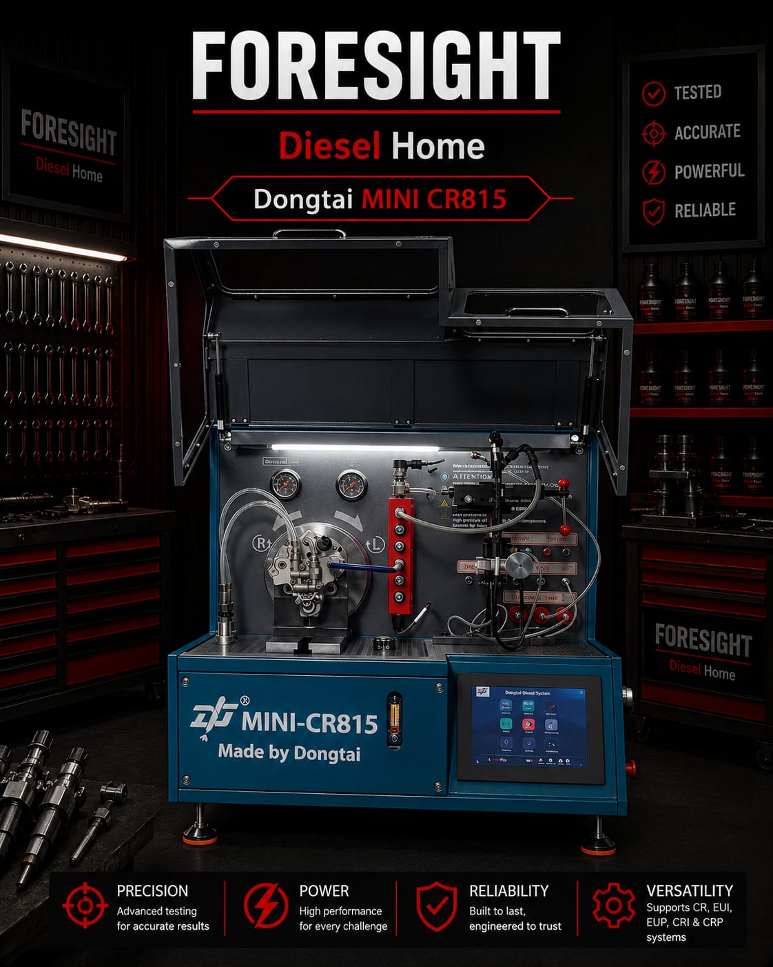 DONGTAI - CR815 TEST BENCH - Testing COMMON RAIL INJECTOR AND PUMP